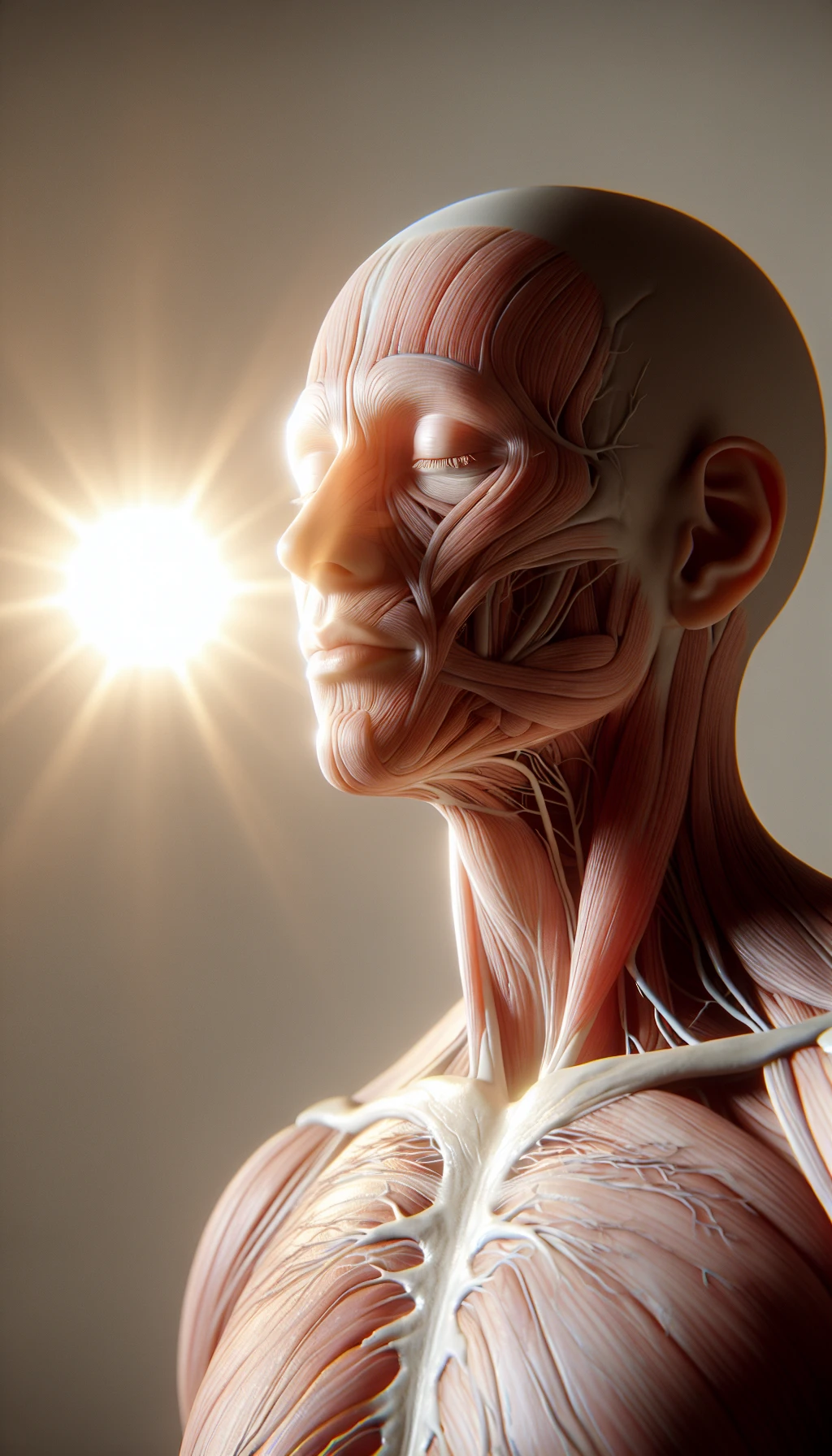un corpo umano anatomico è illuminato dalla luce del sole e ha gli occhi chiusi in un espressione serena, l'immagine rappresenta l'importanza del sole e i suoi benefici sul corpo umano, sfondo neutro chiaro, iperrealistico 4k emoji