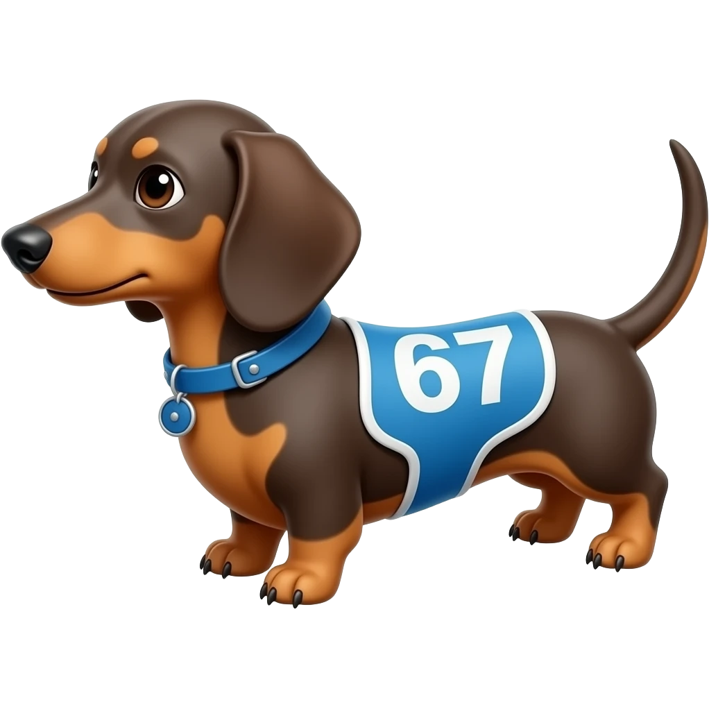 A brown dachshund with the blue number 67 emoji