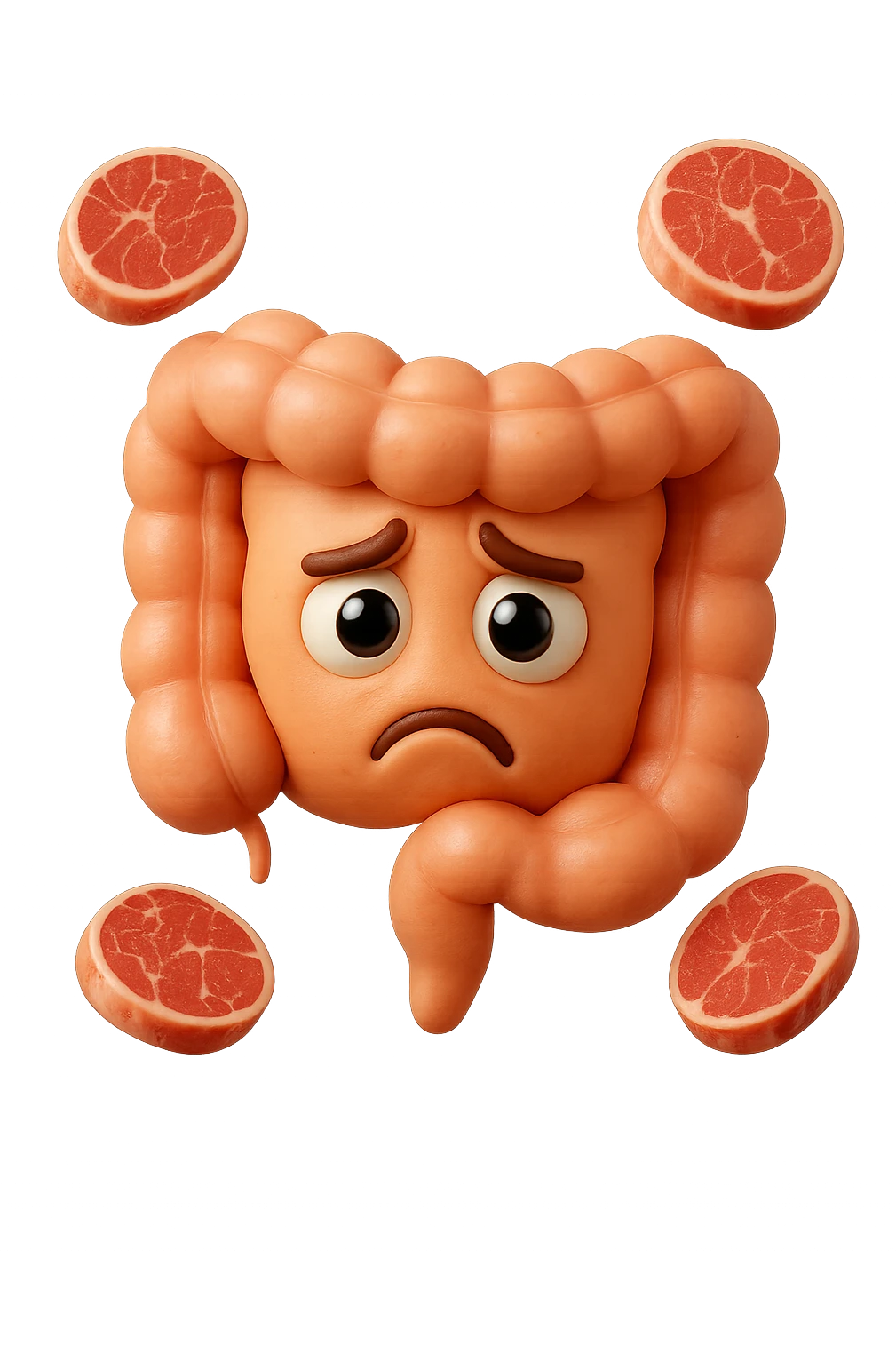 emoji stile iphone in 3d di un intestino triste con fette di carne che gli fluttuano intorno, gli occhi falli con la parte bianca pure, iperrealistico 4k emoji