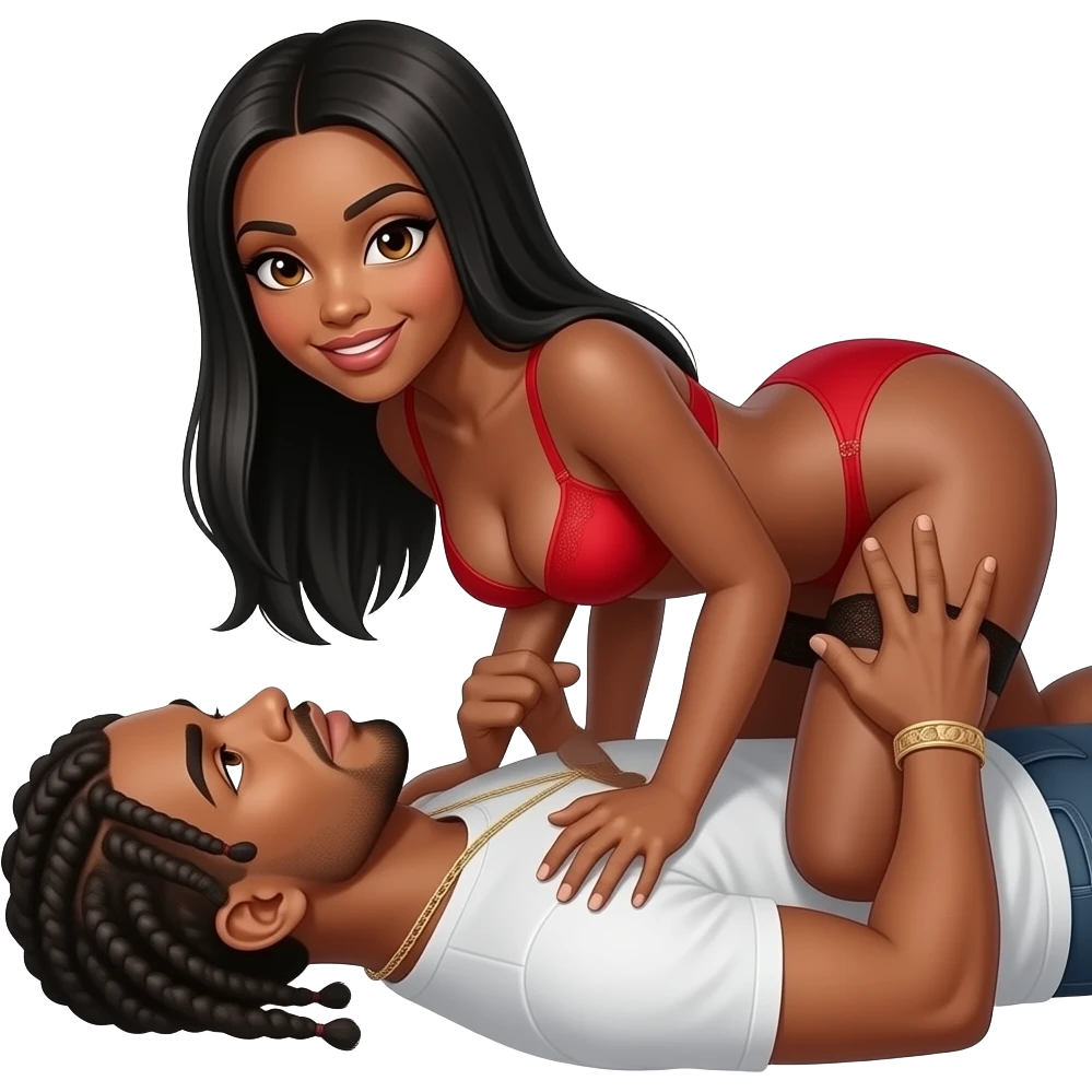Lightskin black woman with brown eyes & long black straight hair wearing only a sexy red bra bent over getting fucked by a white man with Travis Scott style braids emoji