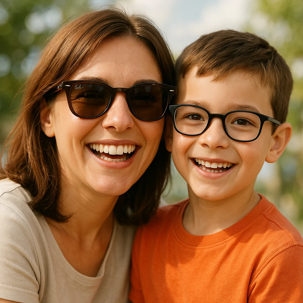 A happy woman with brown hair and a child boy, both wearing Ray-Ban glasses emoji