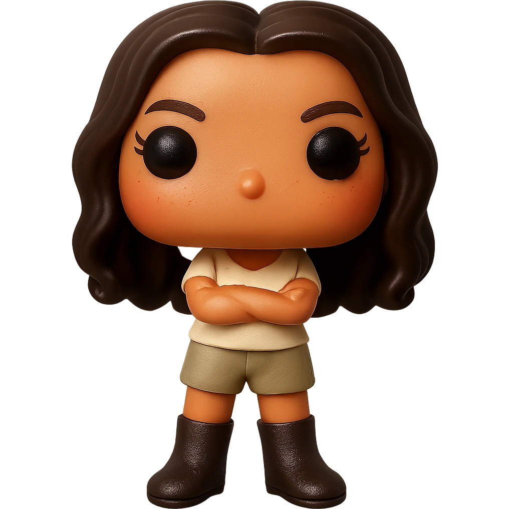 Enhance the quality of the image with smooth golden peach skin and a healthy glow, dark hair with subtle auburn highlights, dark greige leather boots, textured clothing (cream top, greige bottom), arms crossed, rosy cheekbones, very subtle freckles, no neck visible, eyebrows with a mischievous and playful expression, no mouth, transparent background. Maintain the original style and details from the reference image. emoji