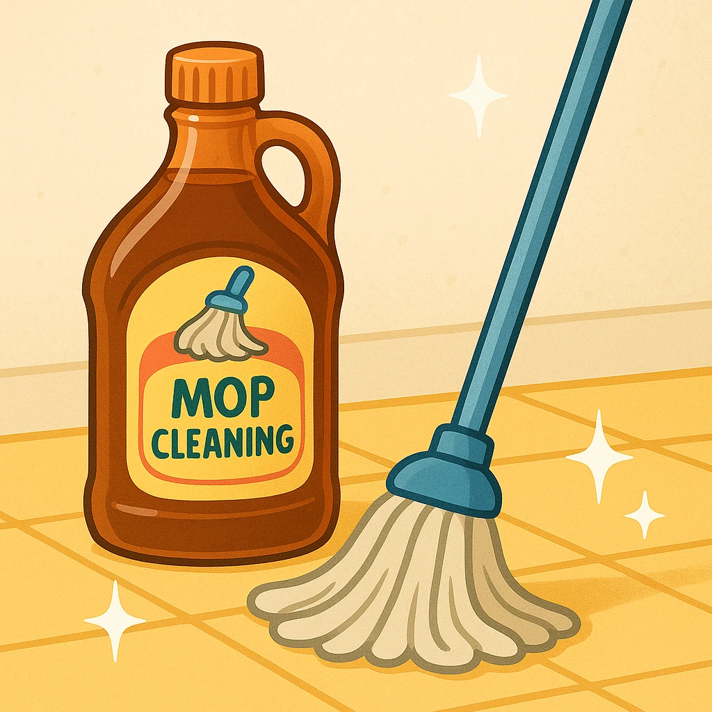 A bottle of syrup labeled 'mop cleaning', with a mop and sparkling clean floor, in a clear, friendly style emoji