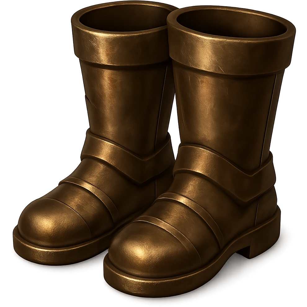 Make the bronze boots look more realistic and metallic, like the bronze helmet. Add shine and a worn bronze texture in the style of emoji style. Transparent background. emoji
