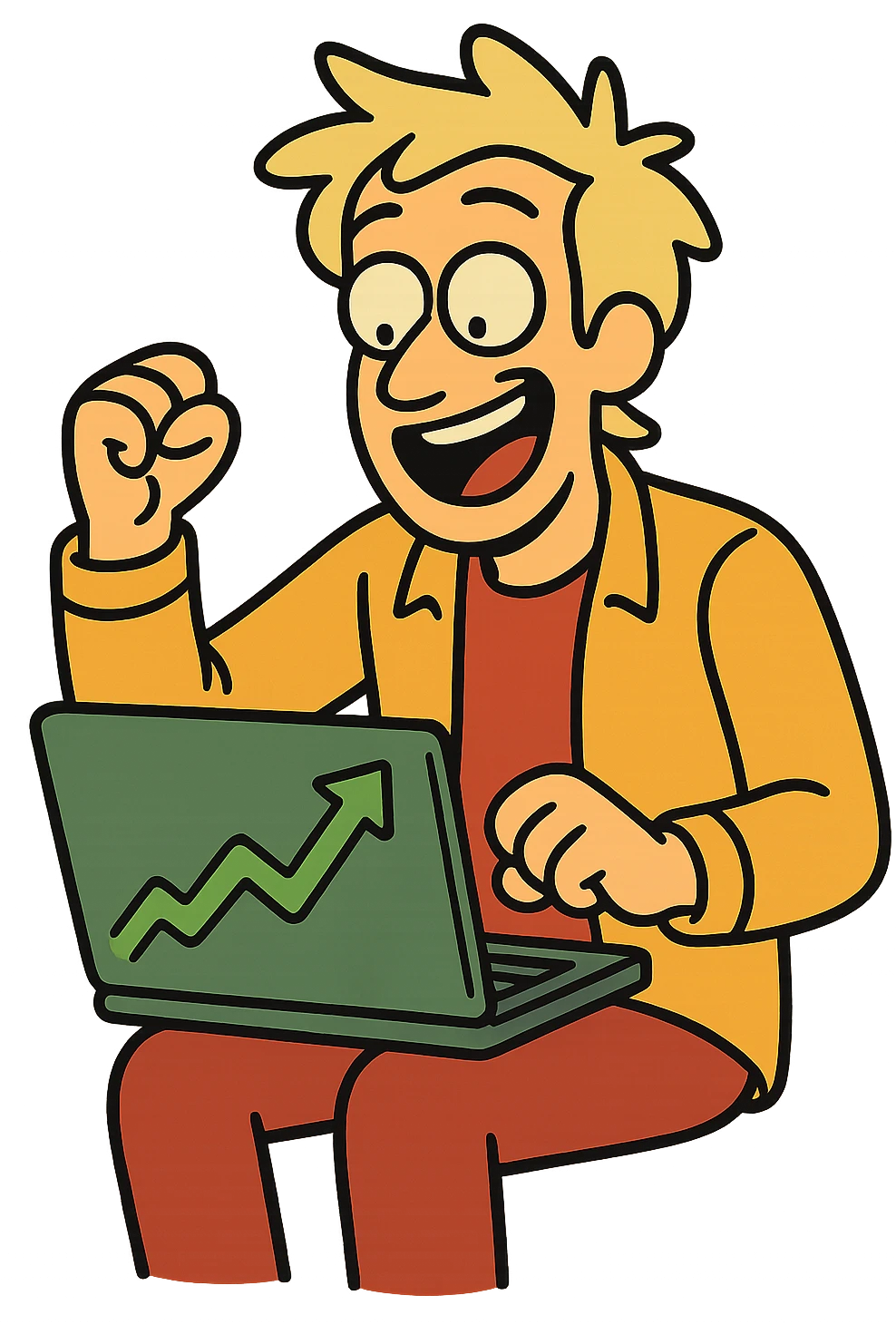 laptop showing green upward stock chart, flat modern style, bright saturated colors greens golds reds, minimal but expressive, universal look emoji
