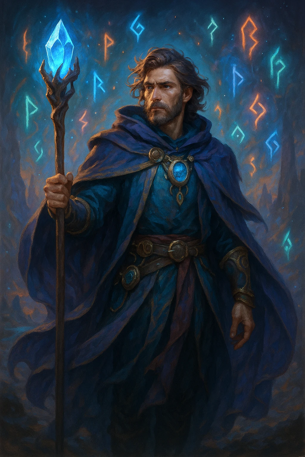 A fantasy hero with a staff, wearing a cloak and mystical accessories, glowing runes in the background, in a fantasy world emoji