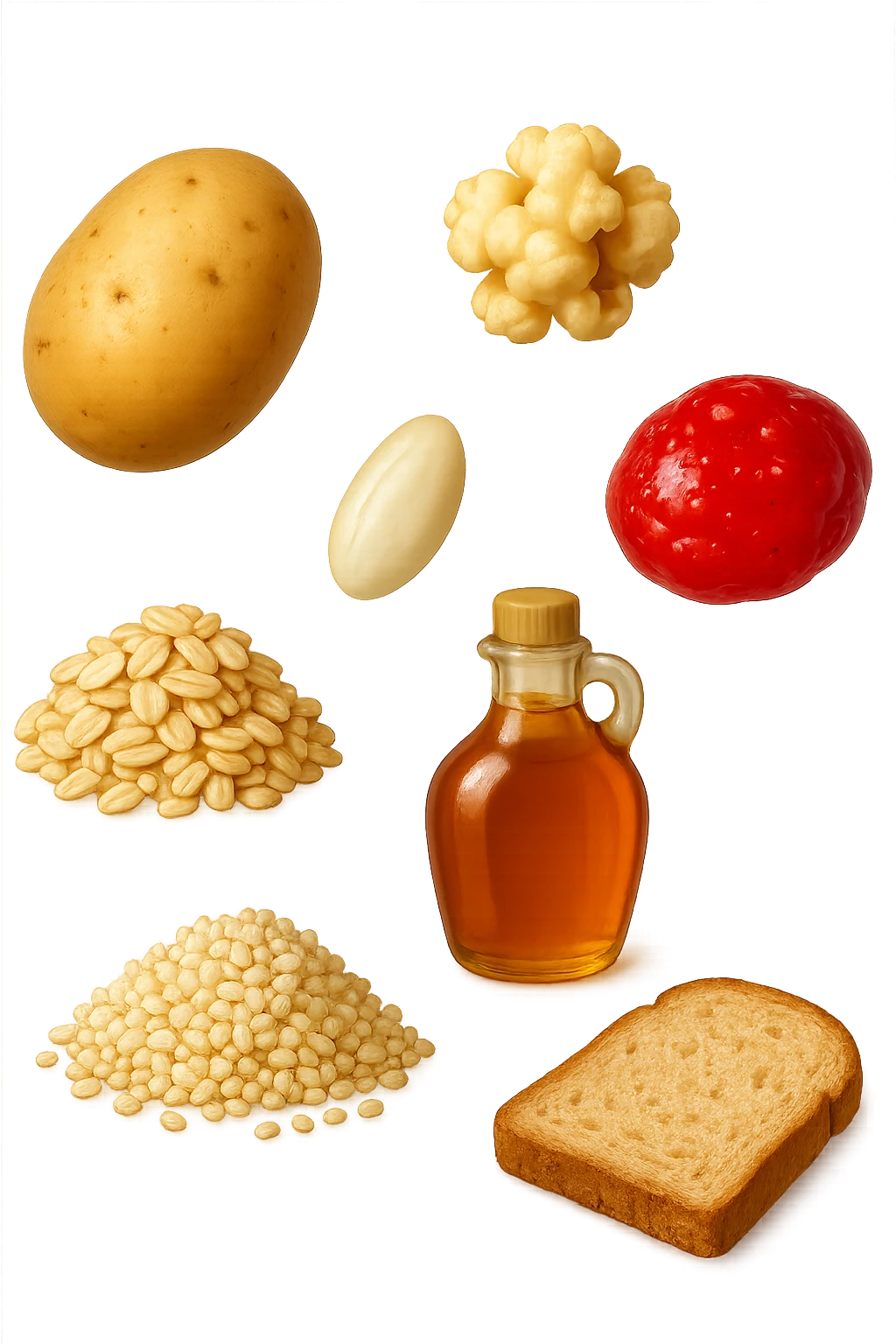 EMOJI STILE IPHONE DI Patate
Riso
Popcorn
Avena
Quinoa
Sciroppo d’acero
Marmellata di fragole
Pane di farro, fluttuano in aria REALISTICA 4K emoji