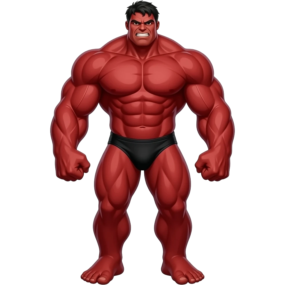 Massive very tall muscular red Hulk in black male bikini full body image realistic flexing 💪 emoji