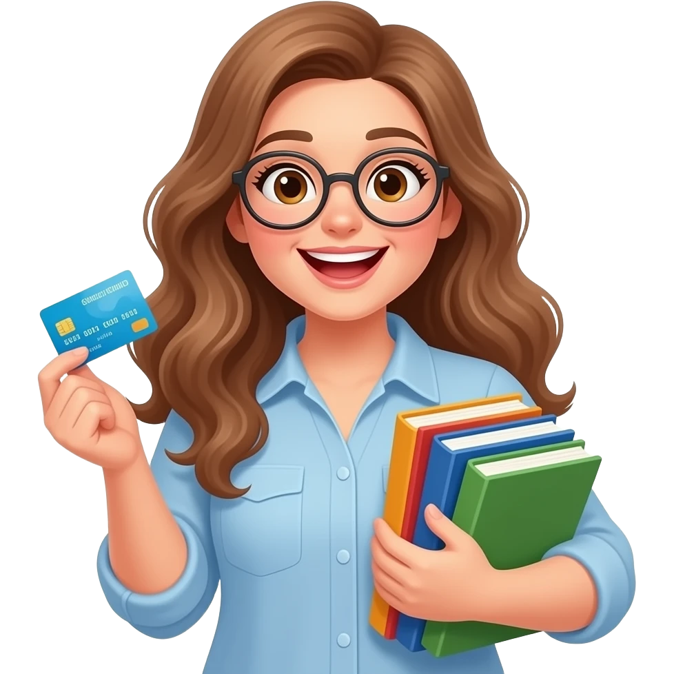 detailed emoji illustration of a curvy woman with long light brown wavy hair, light brown eyes and round glasses holding many books and a credit card, excited book shopping moment, cute emoji style emoji
