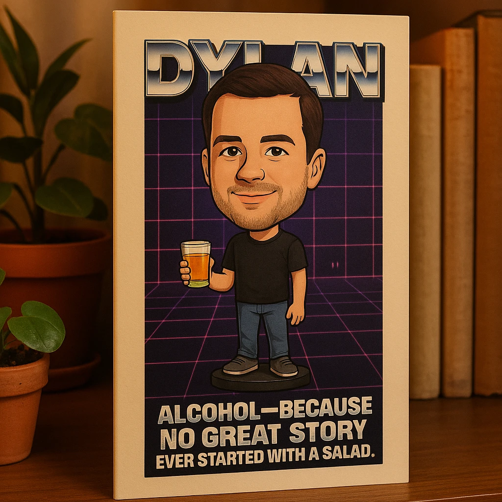 birthday card featuring Dylan as a bobblehead character, minimal neon grid background, one drink icon, bold chrome text with the quote 'Alcohol—because no great story ever started with a salad.', clean limited color palette emoji
