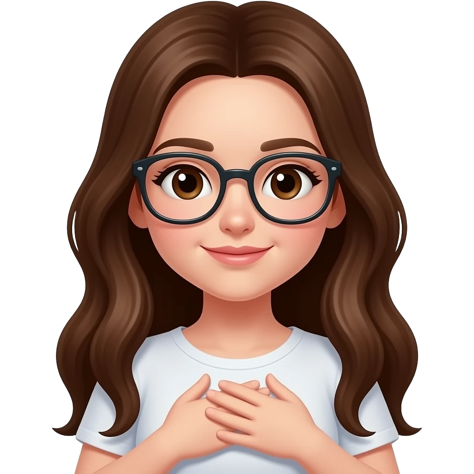 Girl with long brown hair wearing glasses and dark brown eyes with hands  on chest emoji