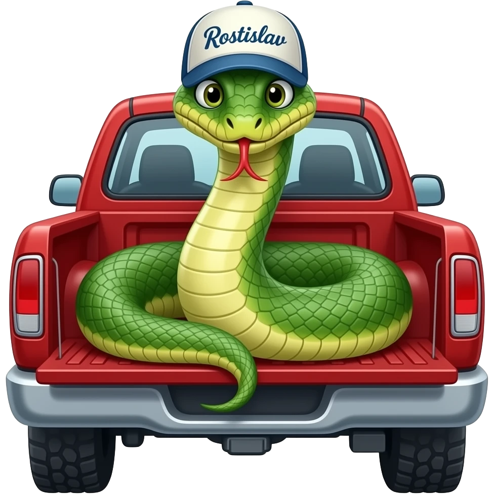A snake wearing a cap with the inscription Rostislav sits in a red pickup truck. emoji