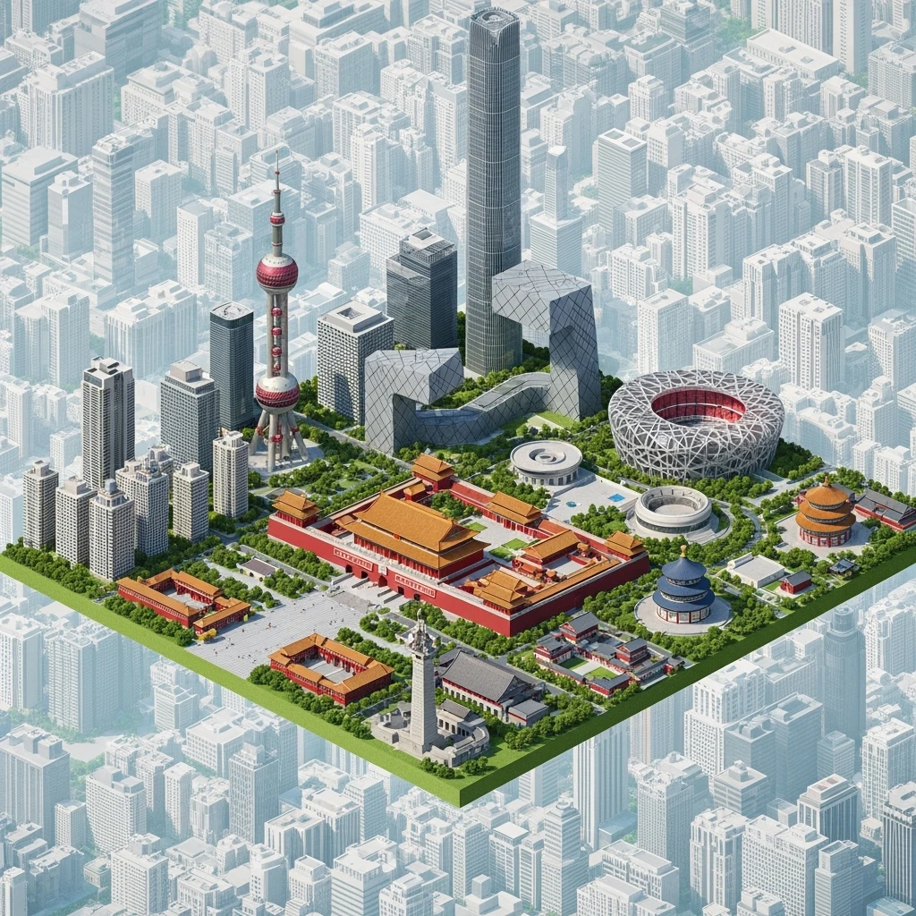 Isometric miniature of Beijing Forbidden City, Tiananmen Square, CCTV Headquarters, Temple of Heaven, China Zun skyscraper, Bird’s Nest Stadium, Beijing apartment blocks, 3D miniature effect and Tilt Shift effect, no cartoonish look, transparent background, don't cut angles emoji