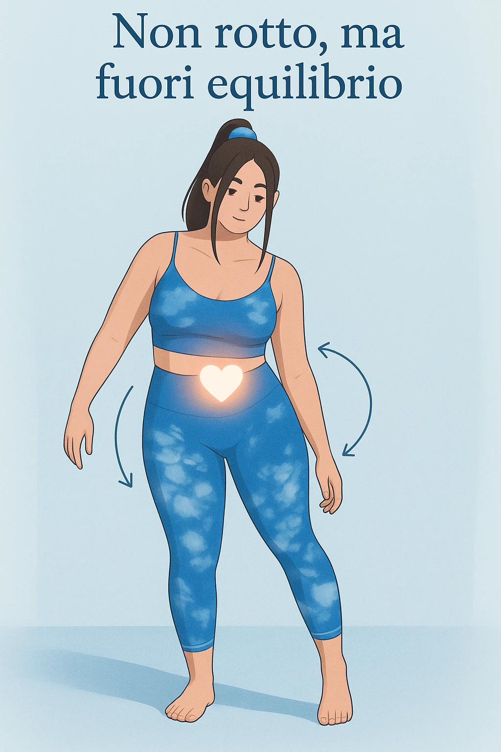 a woman stands in a relaxed pose, with a gentle, confident expression. Her body is shown with subtle, curved lines or arrows indicating areas of imbalance (such as a slight tilt in the shoulders or hips), but no signs of injury or damage. A soft glow or heart symbol at her core emphasizes resilience and the message “Non rotto, ma fuori equilibrio” The background is clean and clinical, with light blue tones. emoji
