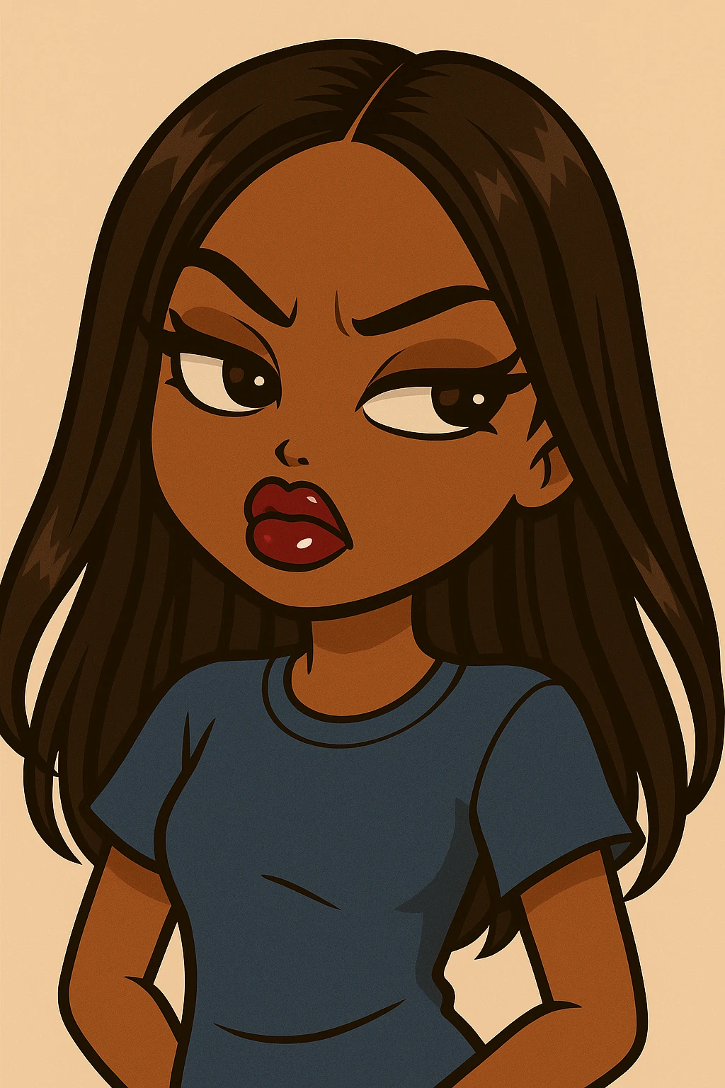 Change the expression to angry with a snooty attitude, keep the side-eye pose, headshot only, 20-year-old anime Bratz style woman with dark skin, straight hair, more casual outfit, big expressive eyes, glossy lips, no hat, no tears, nose turned up. emoji