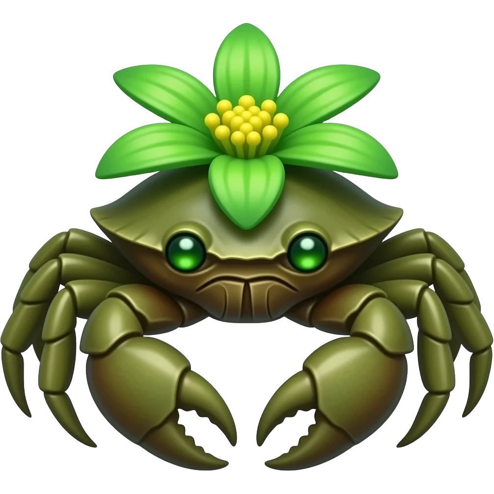 A green crab with a green  flower growing on its back on its back green eyes glowing eyes facing forward emoji