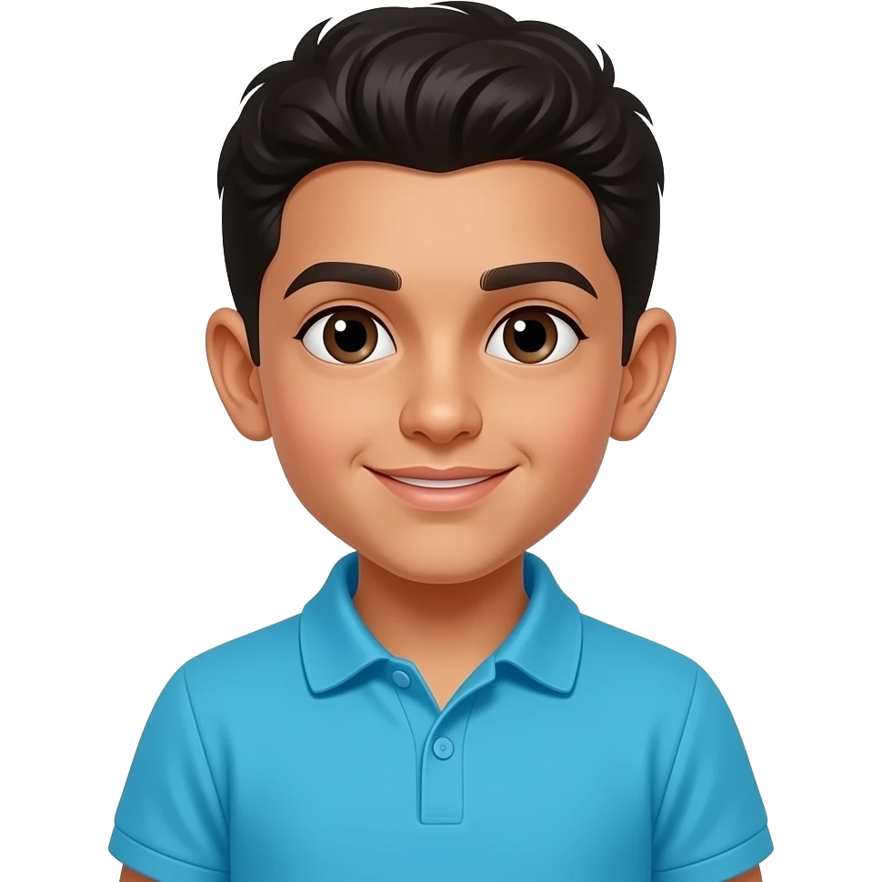 A boy with a Arab skin, black and verry verry short hair,and a bleu cyan polo emoji