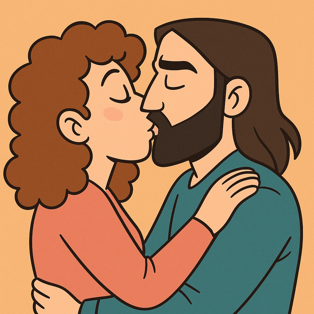 modern cartoon style of a white woman with curly brown hair and a white man with long hair and black beard kissing, bright colors, simple background emoji