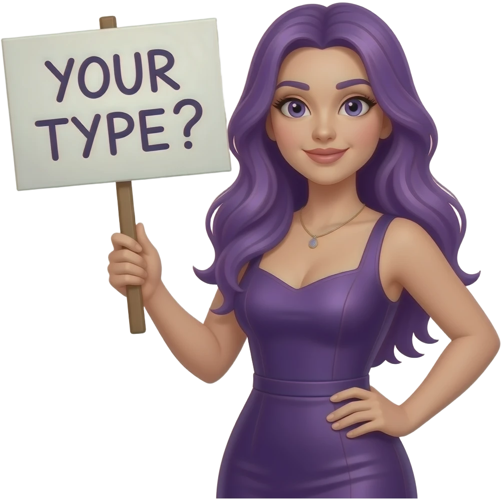 sexy girl with long purple hair dress holding a ....YOUR TYPE? sign emoji