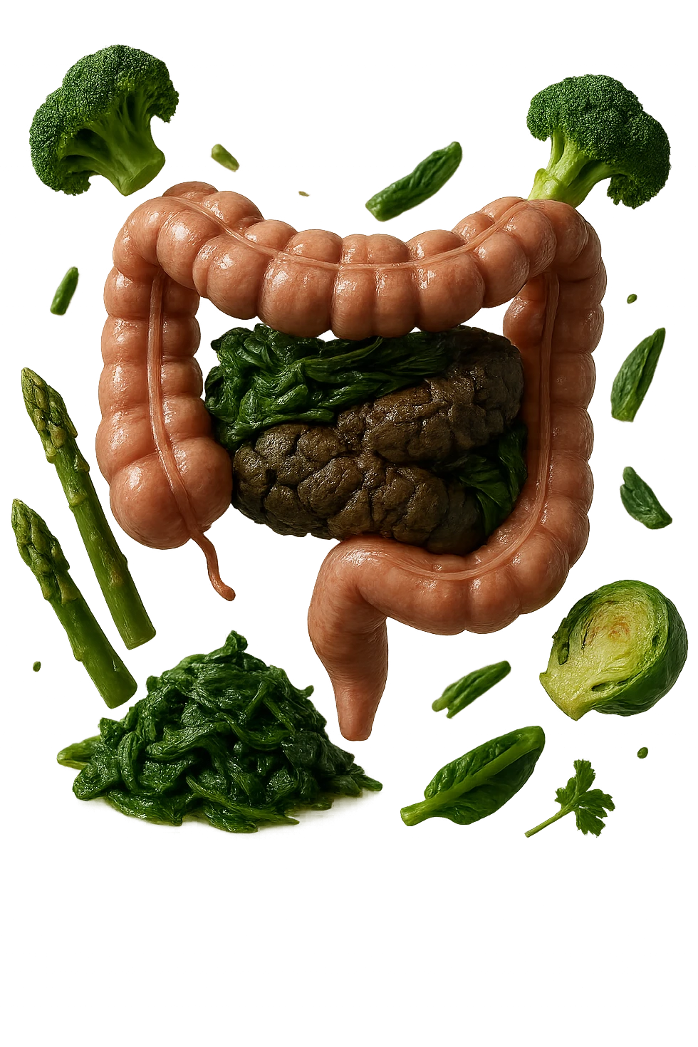 VERDURE COTTE FLUTTUANO IN ARIA INSIEME AD UN INTESTINO CON FECI BLOCCATE NEL COLON, iperrealistica 4k emoji
