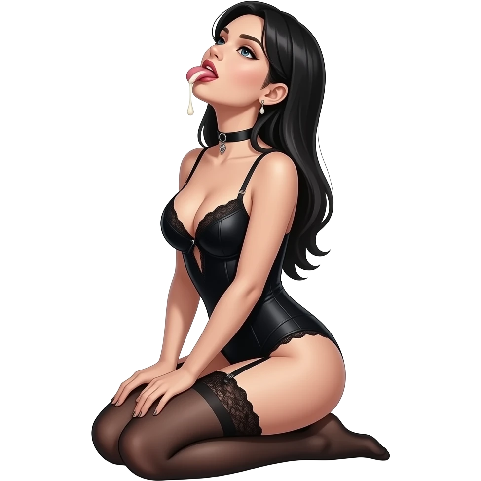 Sexy gothic woman in black lingerie sitting on her knees with her head tilted up and her tongue out with cream droplet dropping onto her tongue from above her emoji