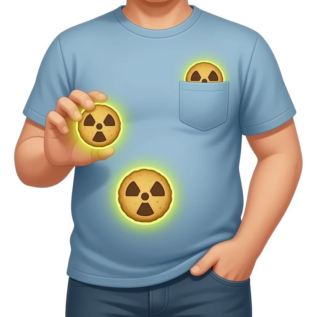 Three radioactive cookies, one in my hand, one in my belly, and one in my pocket. emoji
