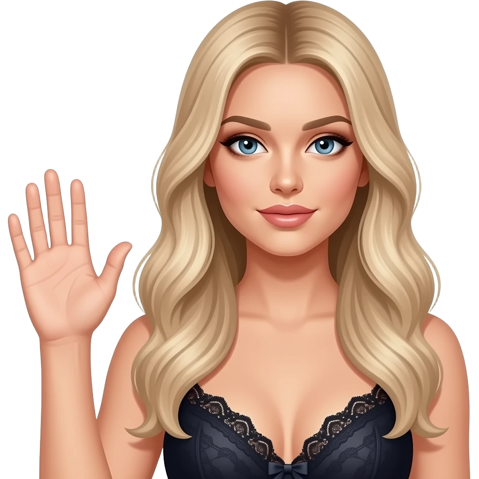 victoria’s-secret-model-with-long-light-blonde holding one hand up with palm open in a presenting gesture emoji