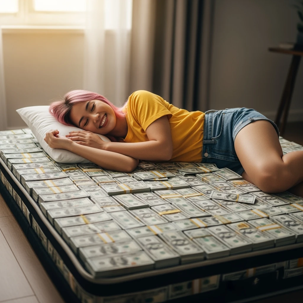 happy person napping on mattress of money emoji