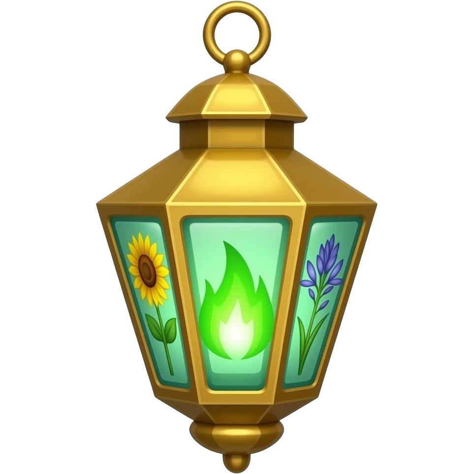 A golden hanging lantern with a bright emerald flames, an empty loop on top, sunflower & asphodel themed design, but simple focus more on the green flames, paint the glass more green, have its bottom point come to some sort of point emoji