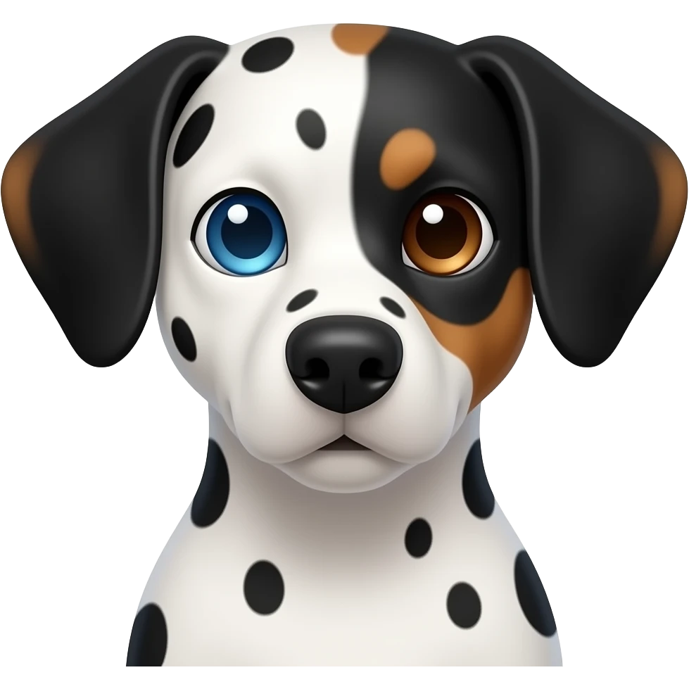 Frontal pic of Dalmatian beagle mix dog with one ice blue eye and one brown eye. Face is one part white and one part black brown. Both ears are black brown emoji