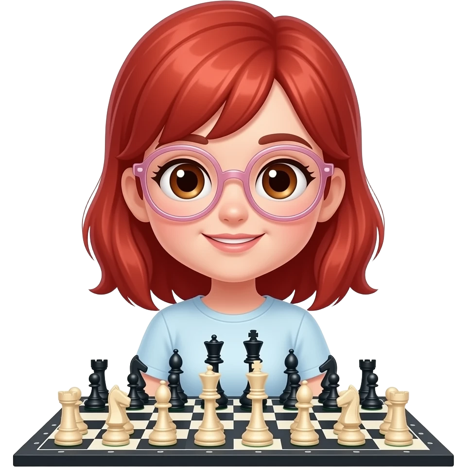 Generate an emoji of a white girl with red hair, brown eyes, semi-transparent pinkish and rounded eyeglasses. She must be playing chess emoji