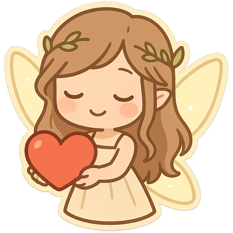 mythical emote showing care and affection, gentle fairy with glowing wings offering a heart, magical and whimsical, suitable for a friend emoji