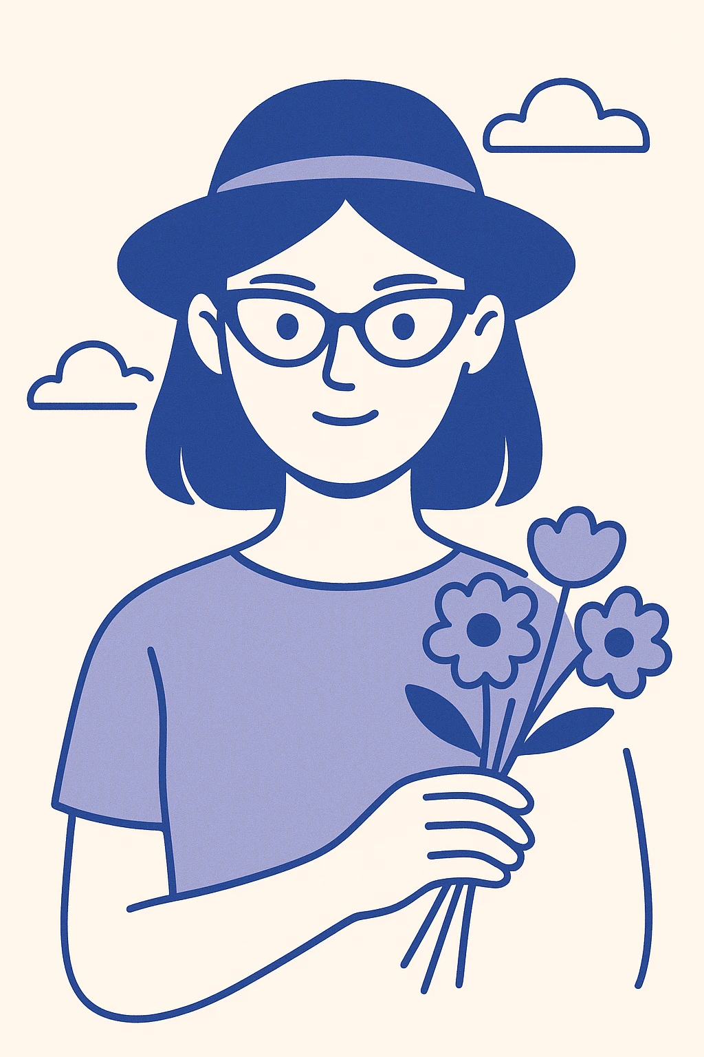 a girl with an oval face shape, wearing cat eye spectacles, a hat on her head, and holding flowers in her hand, clean modern illustration style emoji
