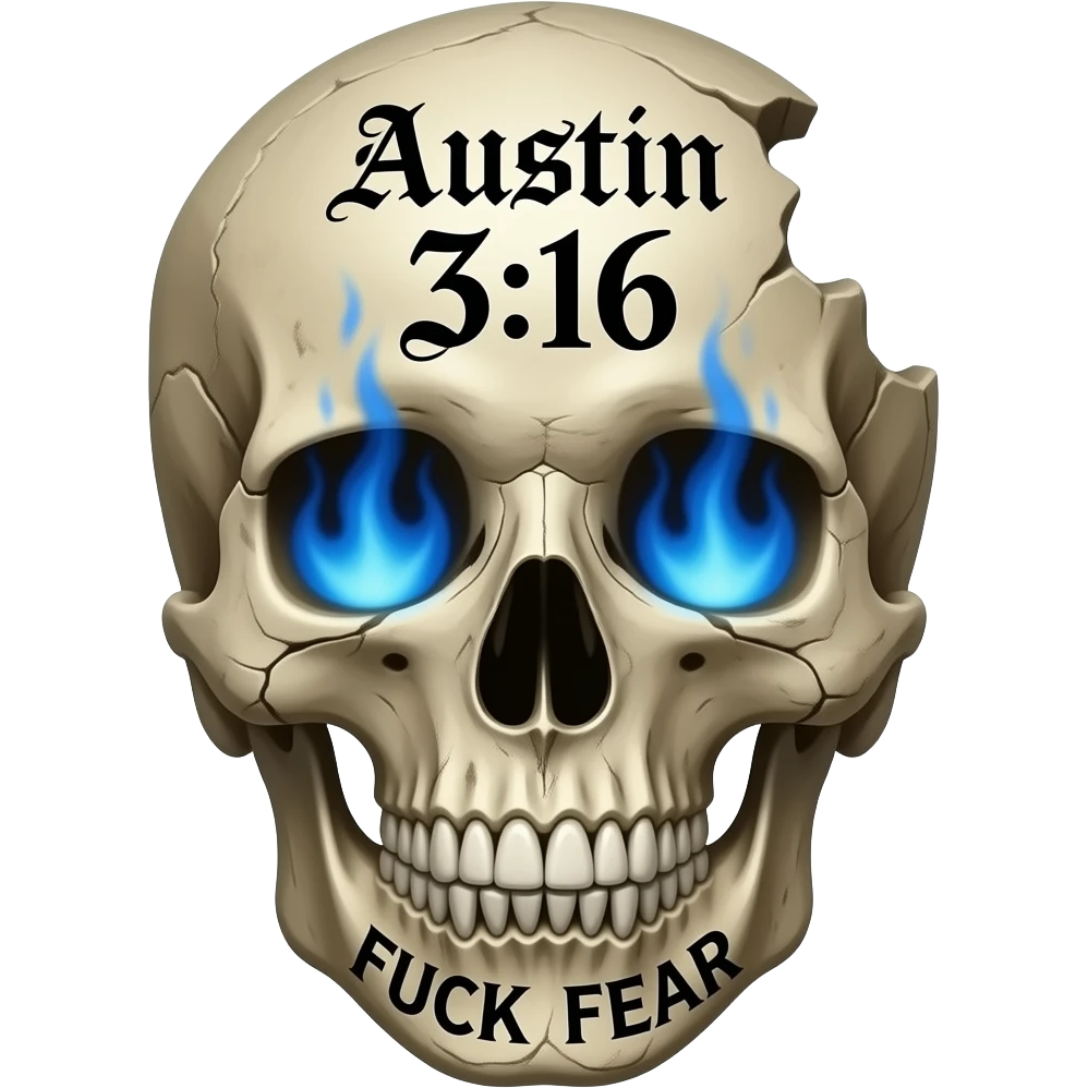 human skull, partially missing top, FUCK FEAR carved on jaw, slightly open, teeth chipped, Austin 3:16 carved in forehead, eye & nose cavity with blue flames, words a BLACK Gothic font, entire skull is aged, sun dried, weathered emoji