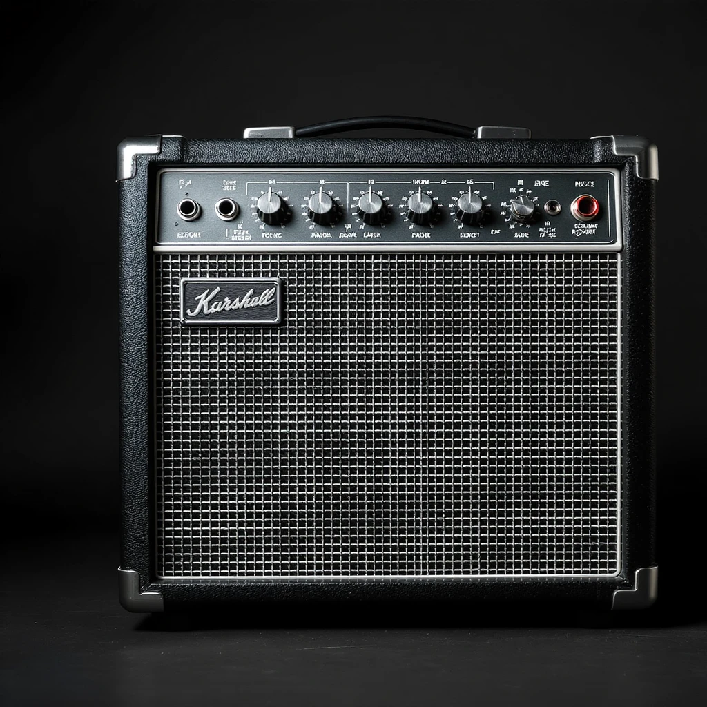a classic guitar amplifier, realistic style, black and silver details emoji