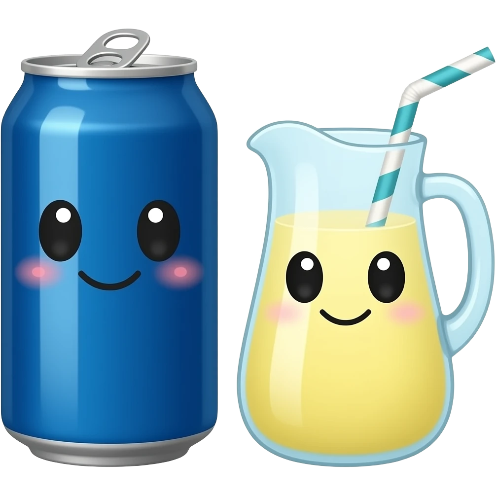 A plain blue soda can with a cute face without eyelashes and a fat pitcher of lemonade with a cute face with eyelashes emoji