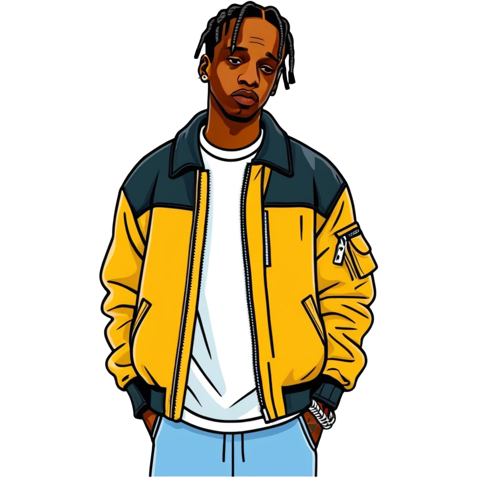 2019 Travis Scott celebrity and rapper, hperrealistic, mirco-detailed, vivid, bold colo=s, 3D sticker design
 Must be 8k hd, 8000x8000px resolution. Must use very thin transparent smooth lines emoji