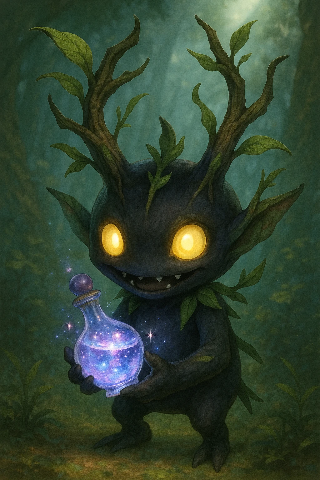 A spriggan from FFXIV holding a fantasia bottle with a magical aura, semi-realistic fantasy illustration emoji