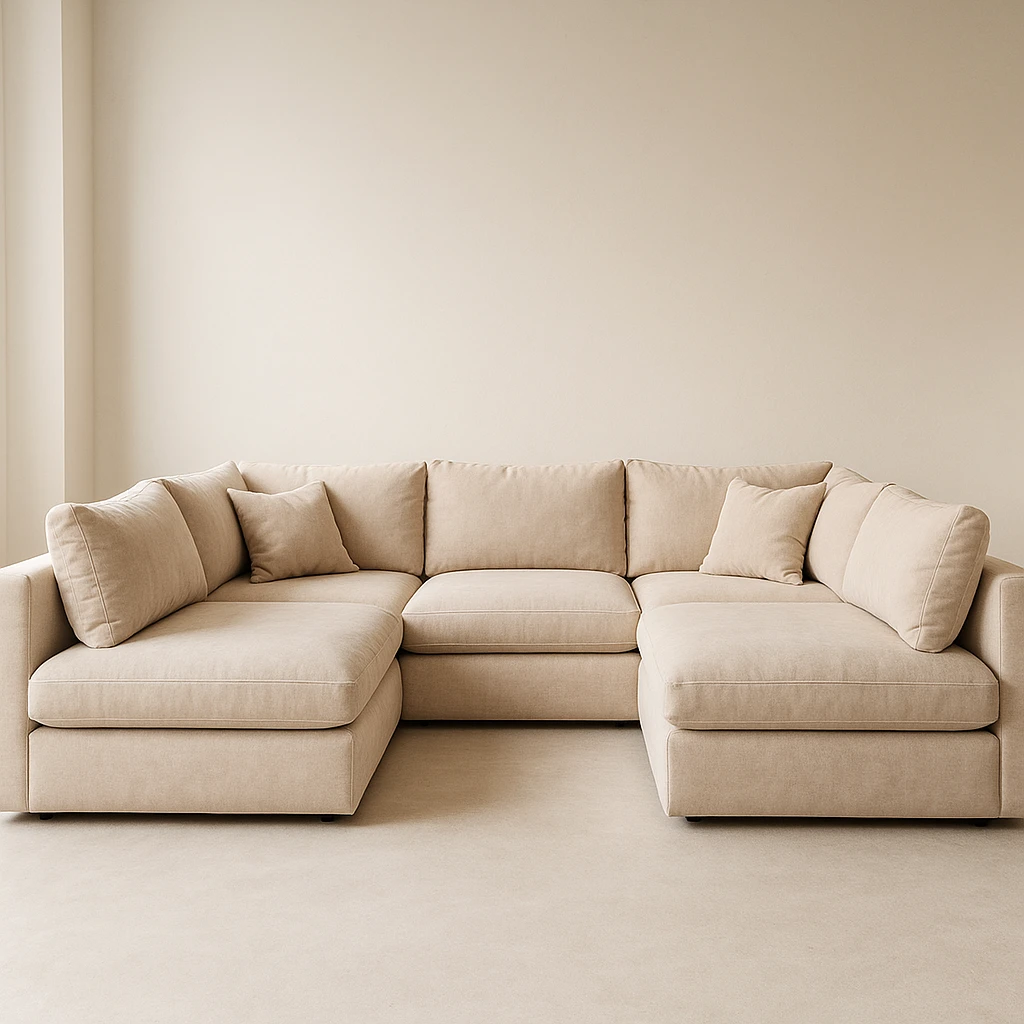 U-shaped sectional sofa, cozy, soft fabric, light background emoji