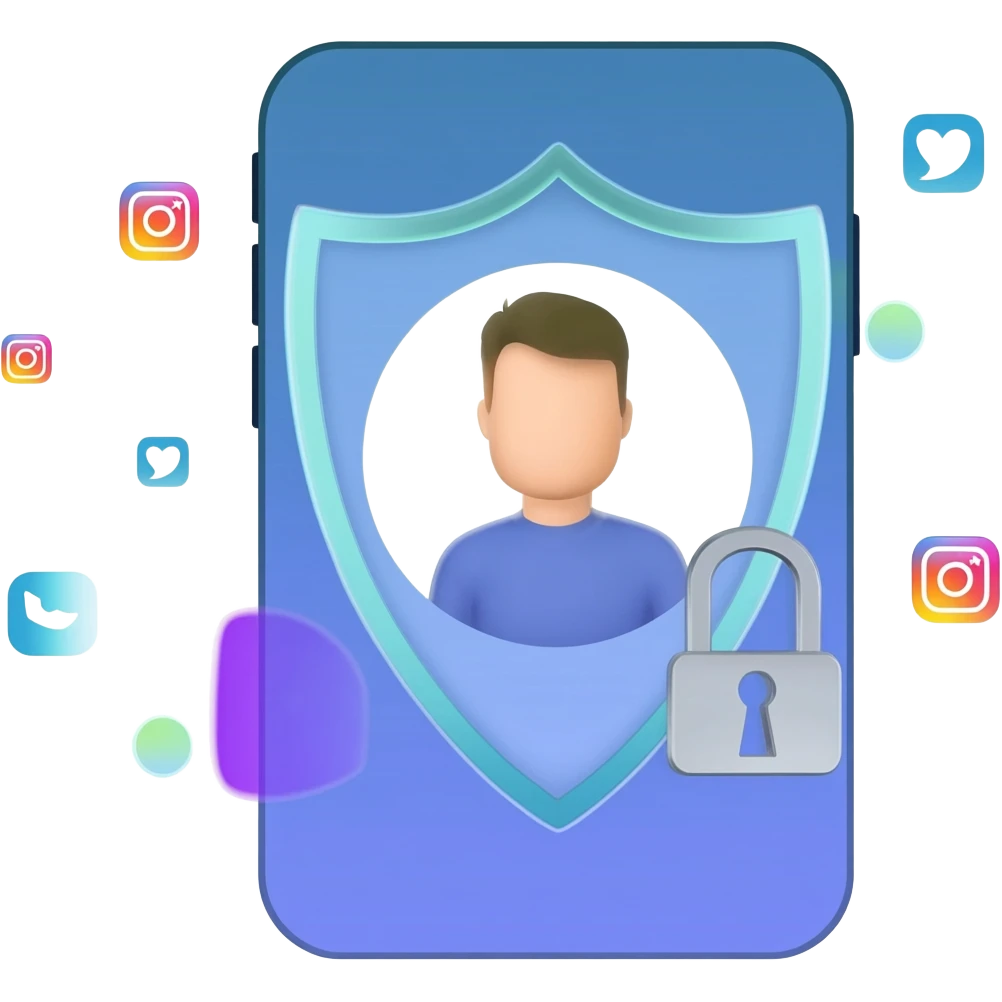 Emoji representing protection of a personal brand online: shield around a smartphone with profile avatar, small social media icons around it, lock symbol on the shield, clean modern emoji style, bright colors, symbolizing security and digital identity. emoji