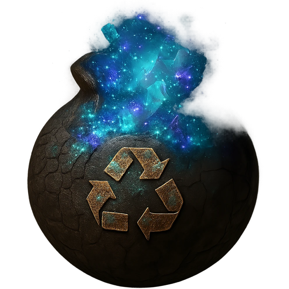 Create a 'full' version of the Elden Ring Cracked Pot style recycle bin icon. The pot should be identical in style and angle to the original, but filled with glowing magical debris or mystical trash inside. Maintain the Elden Ring Cracked Pot style and transparent background, 1080 x 1080 resolution. emoji