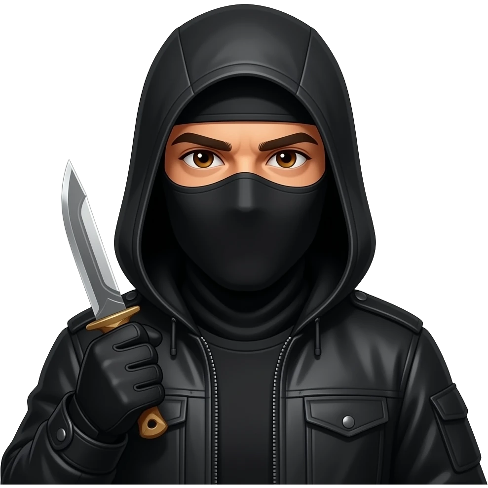 Spanish Man brown eyes wearing all black in balaclava hood and gloves with karambit emoji