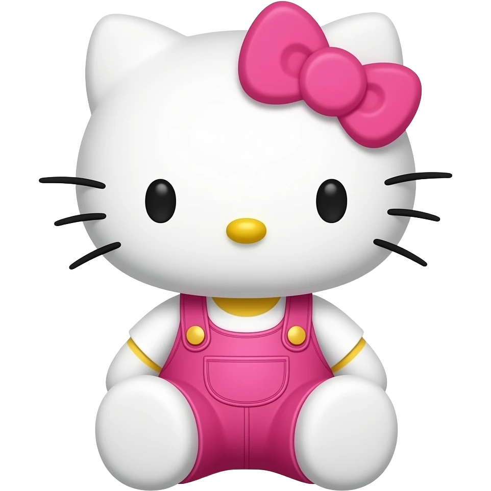 hello kitty sitting down wearing hot pink overalls and a white shirt with a hot pink bow emoji