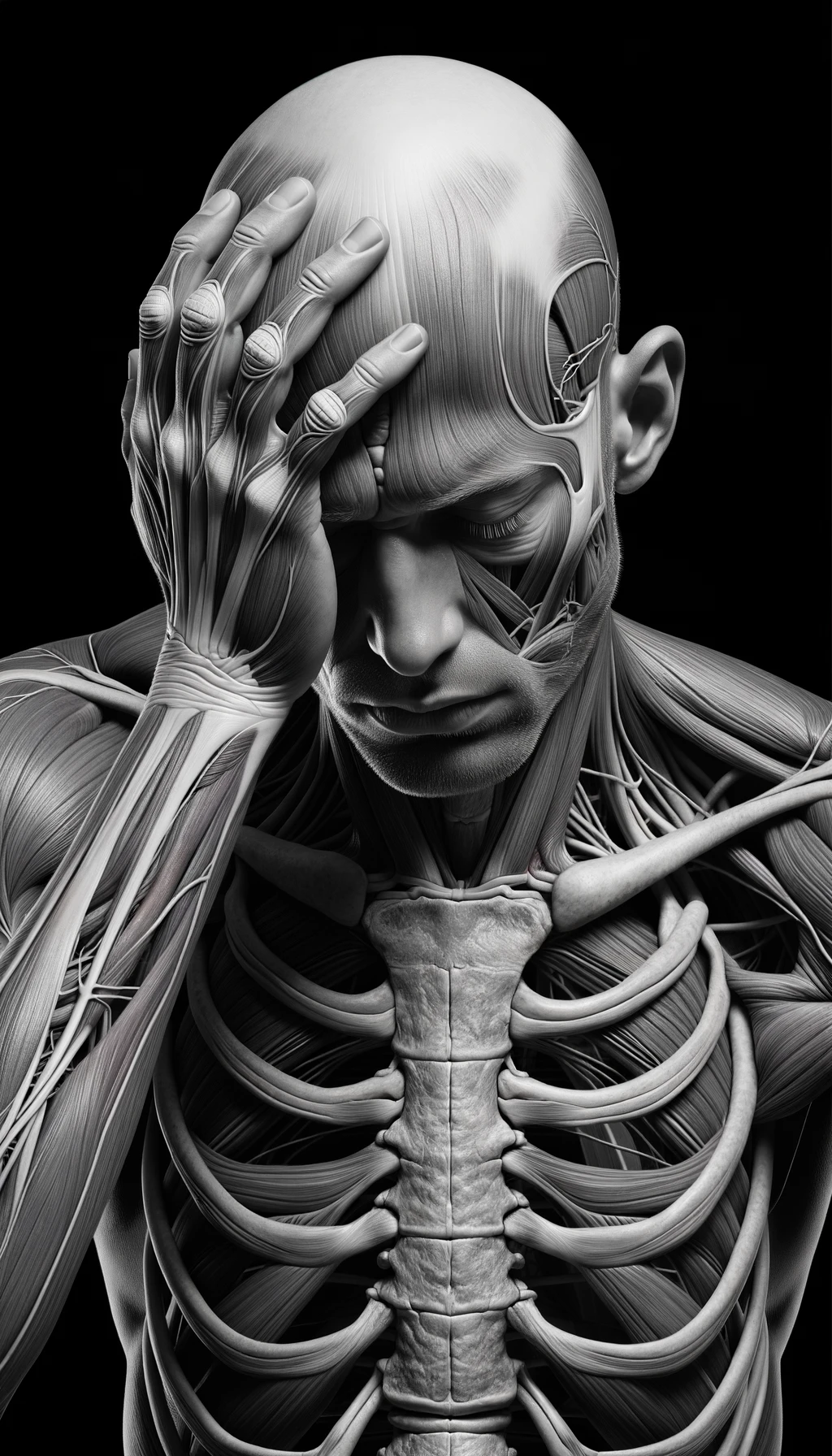 CORPO UMANO ANATOMICO STANCO CON MANO SULLA FRONTE, IPERREALISTICO 4K emoji
