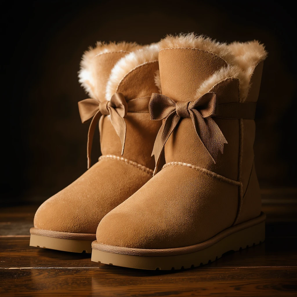 light brown fluffy boots with bows, realistic style emoji