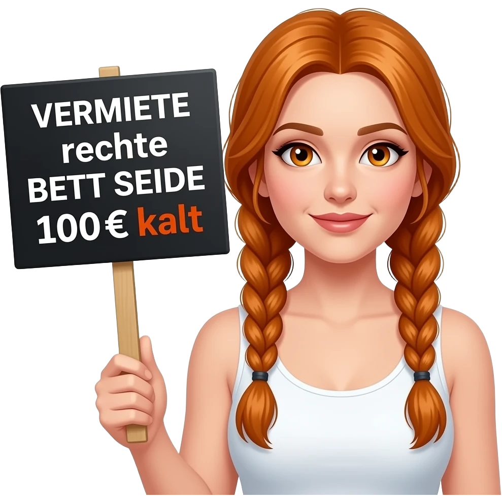 sexy girl with long ginger braids and ginger eyes wearing a white tanktop is holding a black sign with VERMIETE rechte BETTSEITE 100€ kalt written on it emoji