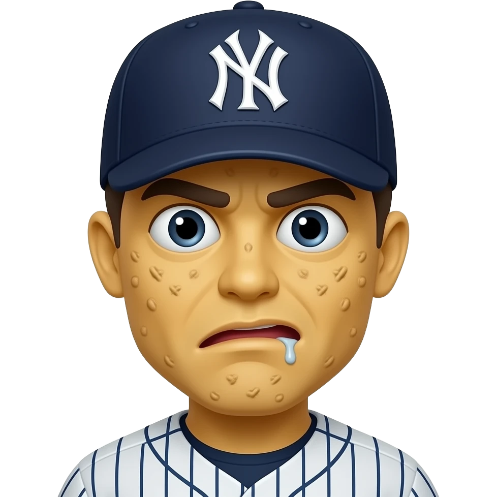 Yellow 3d emoji, New York Yankees hat, drooling mouth slightly open, covered in warts, crossed eyes stupid emoji