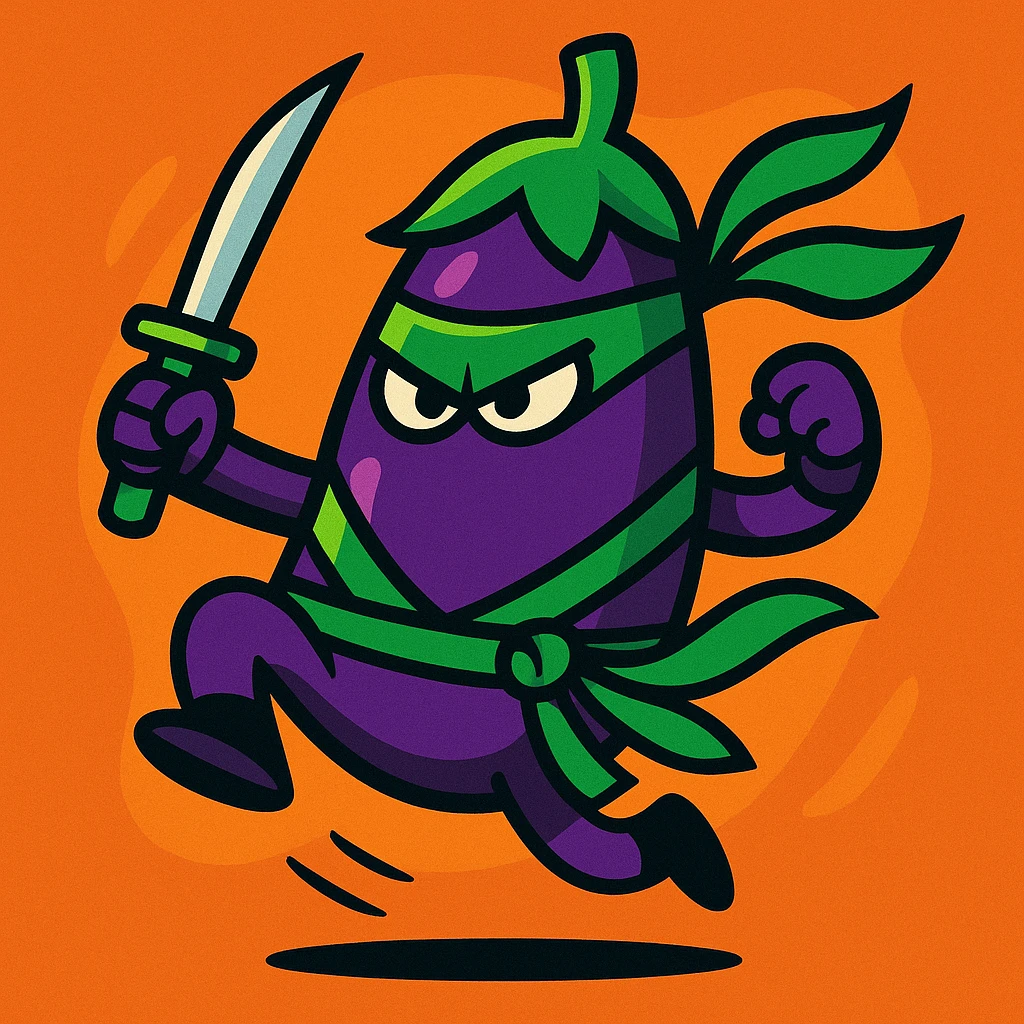 eggplant ninja, dynamic pose, cartoon style, vibrant colors, bold outlines, energetic and playful emoji