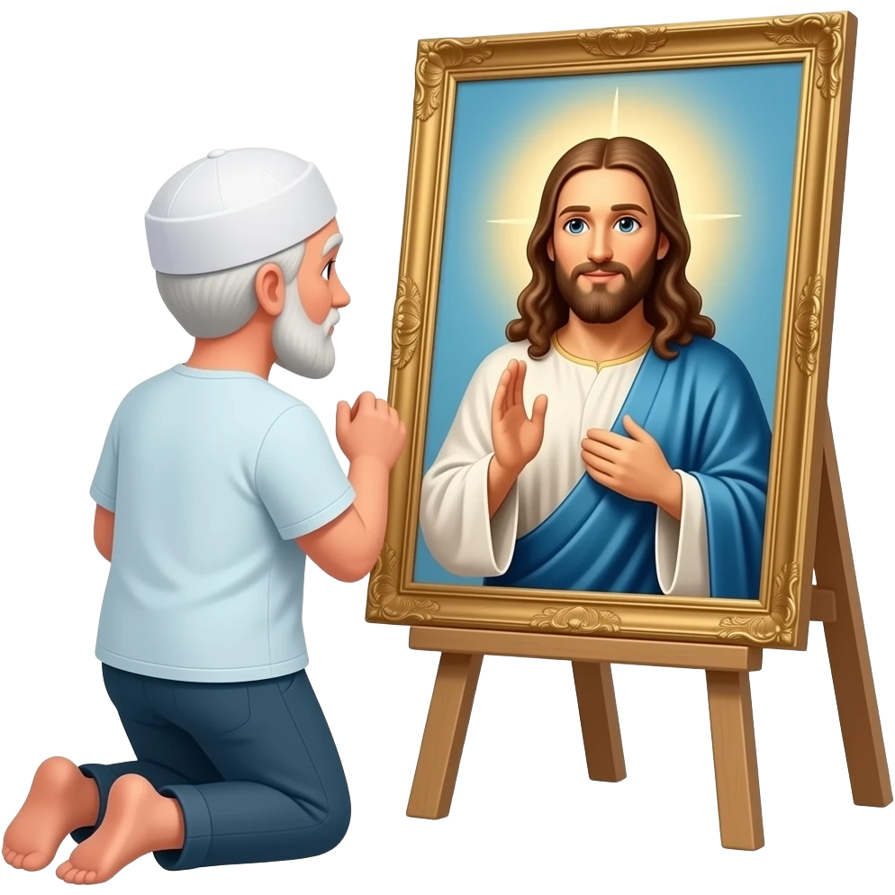 пожилой мужчина мусульманин  в тюбитйке стоит на коленях перед живым иисусом emoji