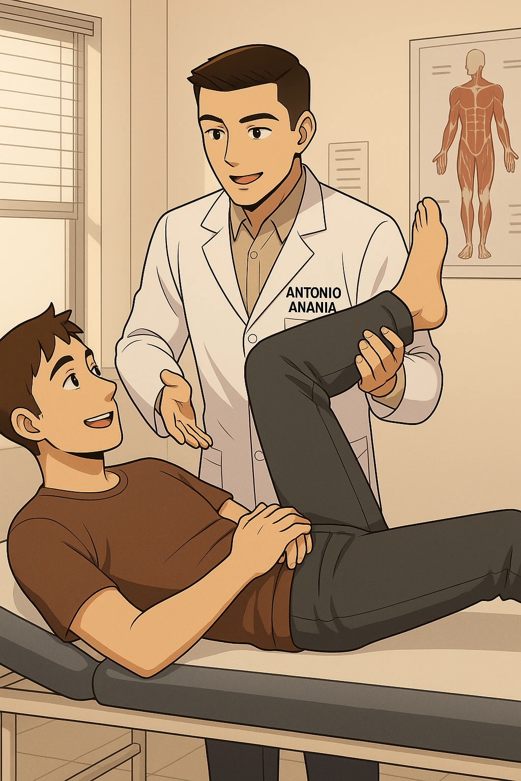 fai un webtoon manga a colori con questo stile, in cui un uomo è steso sul lettino medico e il kinesiologo con il camice bianco (fagli anche la scritta "ANTONIO ANANIA" SUL CAMICE, gli solleva una gamba per fargli il test neuromuscolare, IL KINESIOLOGO SPIEGA ALL'UOMO UNA cosa mentre gli alza la gamba. l'espressione dell'uomo è felice e soddisfatta, non fare i fumetti però, fai solo in modo che sembri stiano parlando, il lettino fai in modo che si veda tutto intero emoji